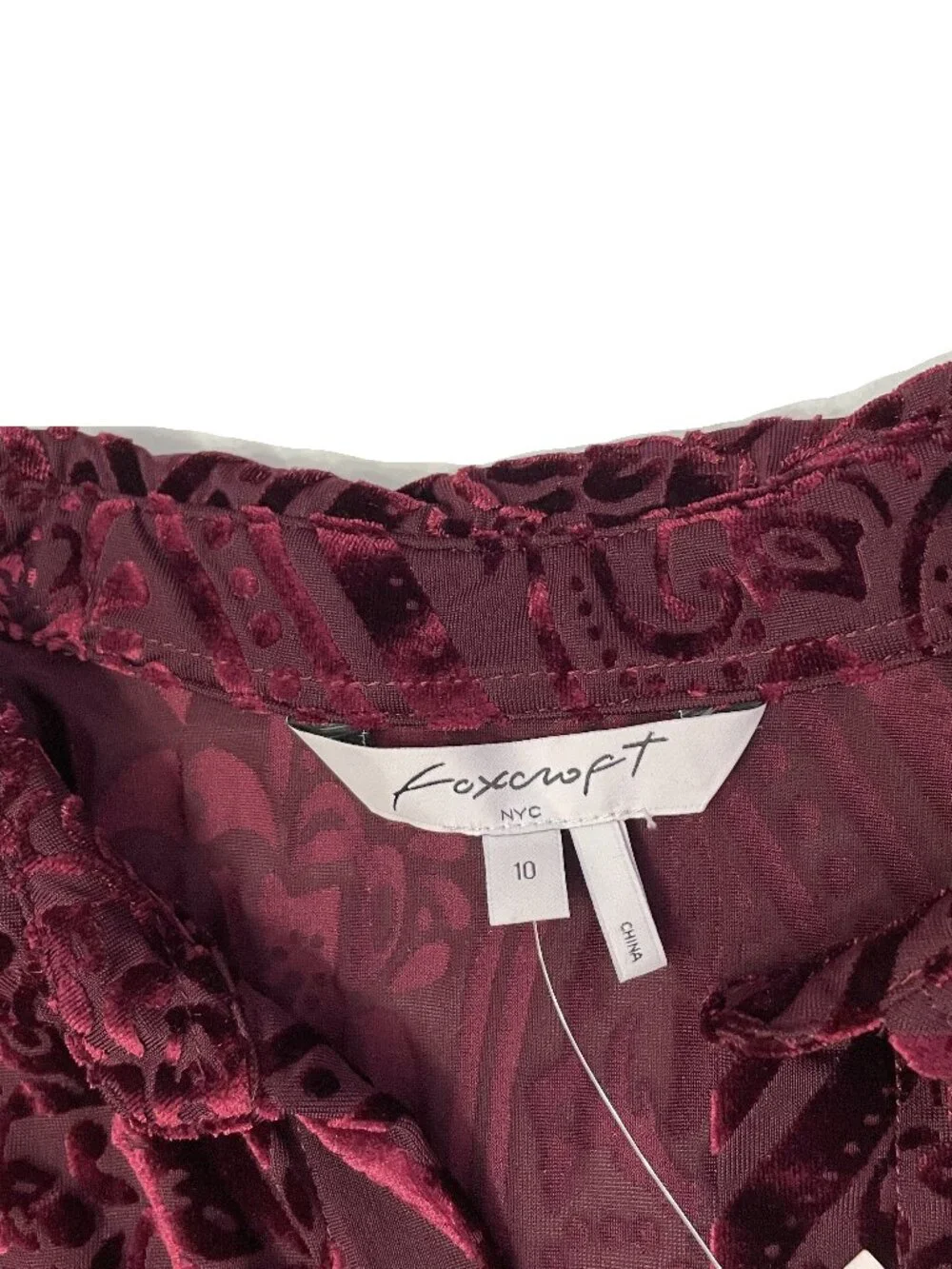 Foxcroft Top Sz 10 Burgundy Velvet Burnout Button Down Blouse Semi-Sheer Luxury